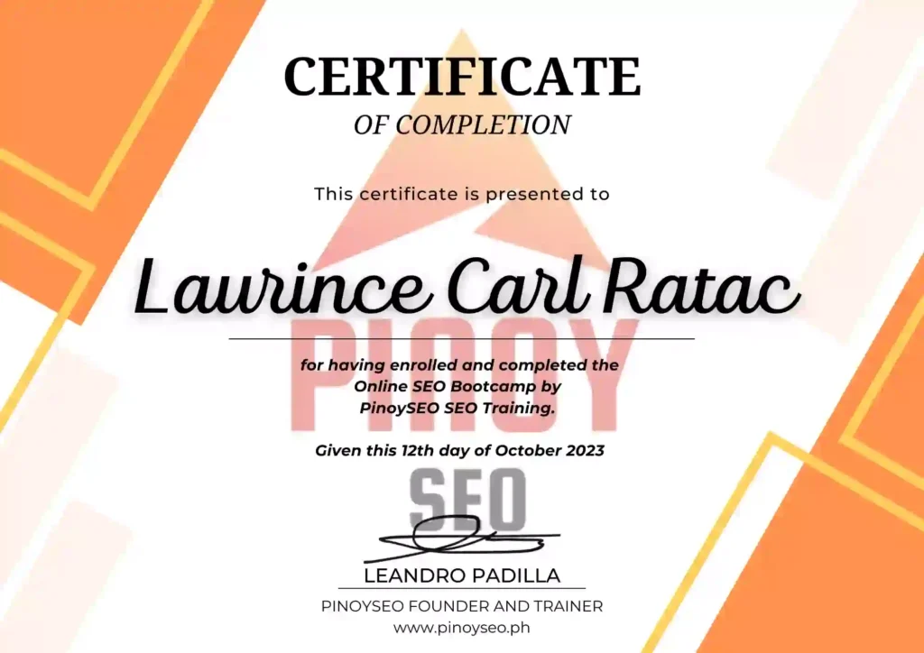 SEO Specialist Laurince Carl Ratac Certificate by Laurince Ratac